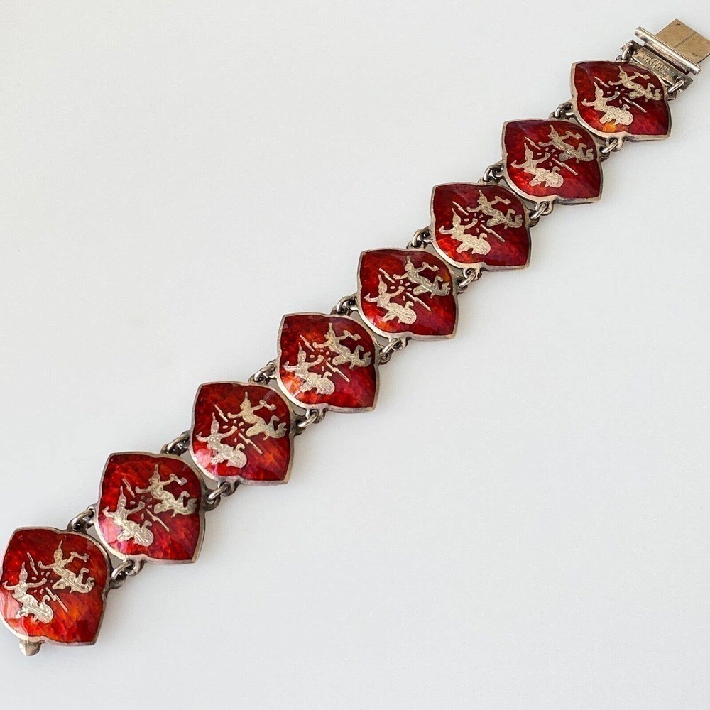 Amfarco Siam Vintage Sterling Silver Red Enamel Dancer Panel Link Bracelet 7.5"
